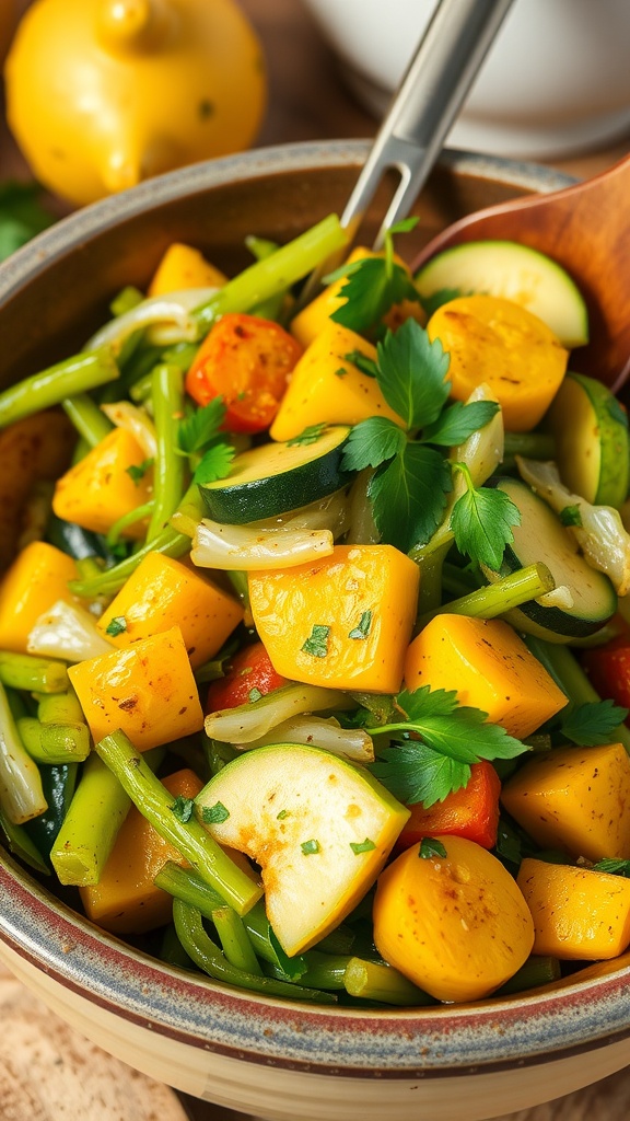 Seasonal Cabbage, Zucchini, and Squash Stir-Fry Recipe A vibrant stir-fry of cabbage, zucchini, and squash, garnished with herbs in a rustic setting.